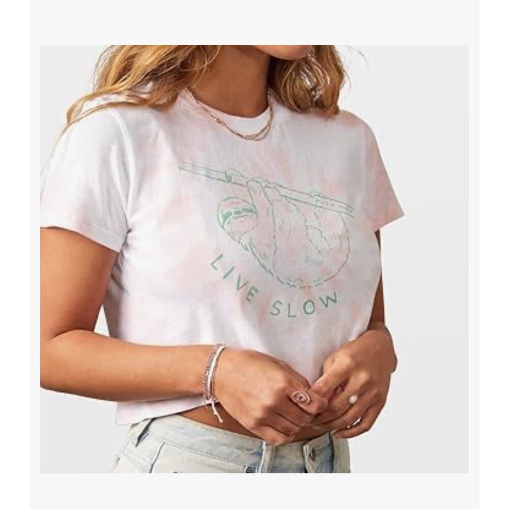 PURA VIDA Live Slow Sloth Tie Dye Graphic Crop Top Tee Pink Size Large